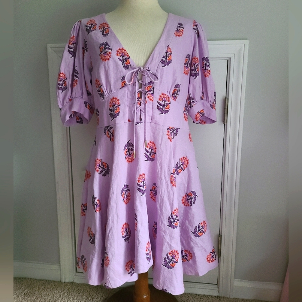 House of Harlow Peasant Dress Size 10 Boho Linen Floral Puff Sleeve Lace-Up Mini